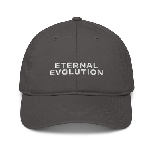 A gray baseball cap with the text 'ETERNAL EVOLUTION' printed on the front.