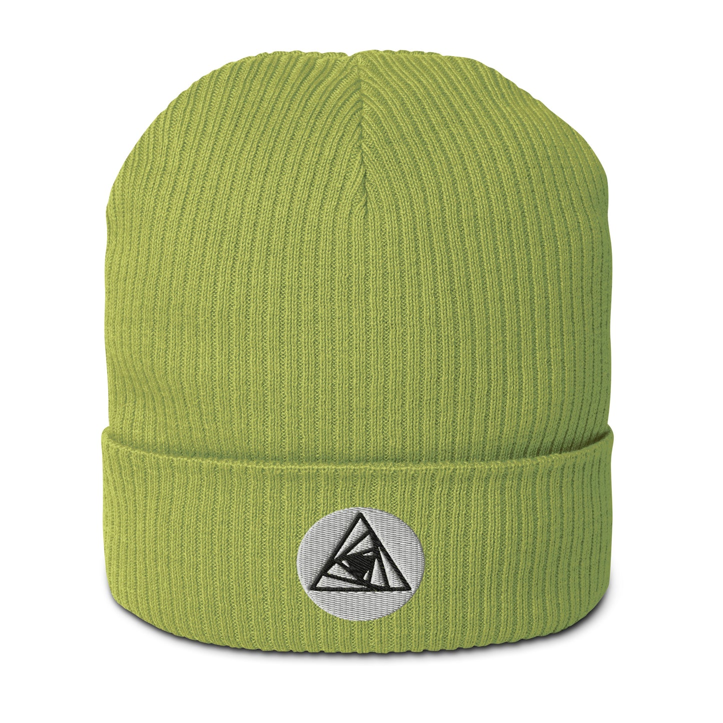 Behold, our Spiraling Equilateral Triangles Beanie in Apple Green - a garment of cosmic significance. Crafted from organic cotton and adorned with a mesmerizing Spiraling Equilateral Triangles embroidery, it's not your run-of-the-mill hat.