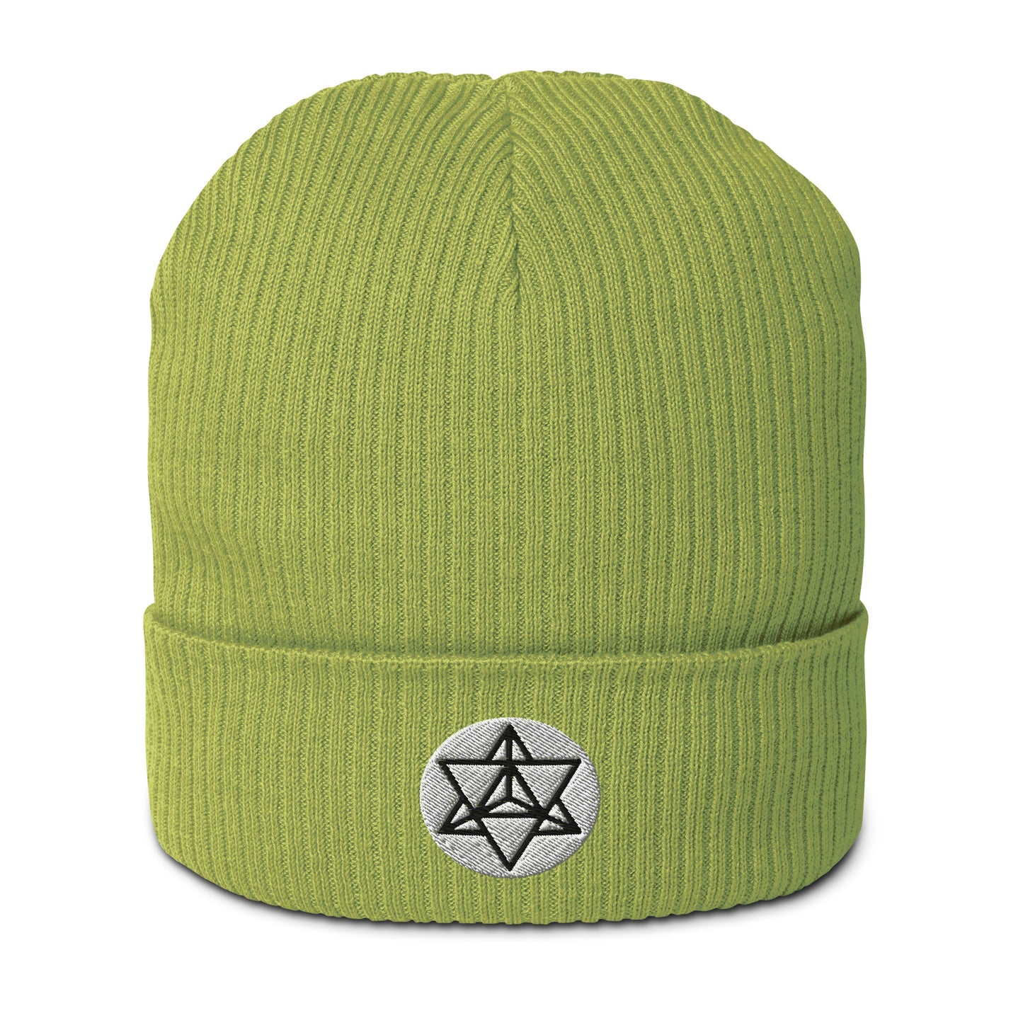 The Merkaba symbol beanie hat in Apple Green, crafted from organic cotton and adorned with intricate embroidery. Symbolizing the journey of ascension and divine protection, the Merkaba represents profound spiritual transformation and unity of mind, body, and spirit.