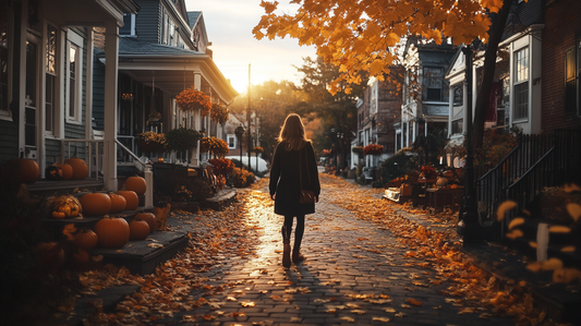 A woman walking in the street in the autumn