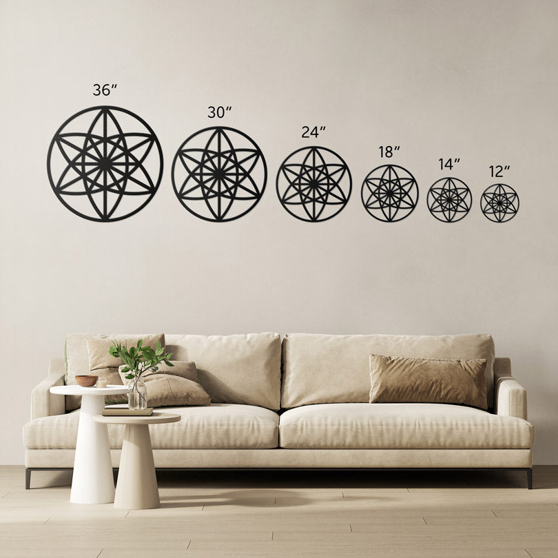 Home Wall Decor Metal Wall Art Sacred Geometry Art Vector Equilibrium in black, With different sizes of wall art decor On the background of a living room wall, With a beige sofa with two seats and decorative pillows.