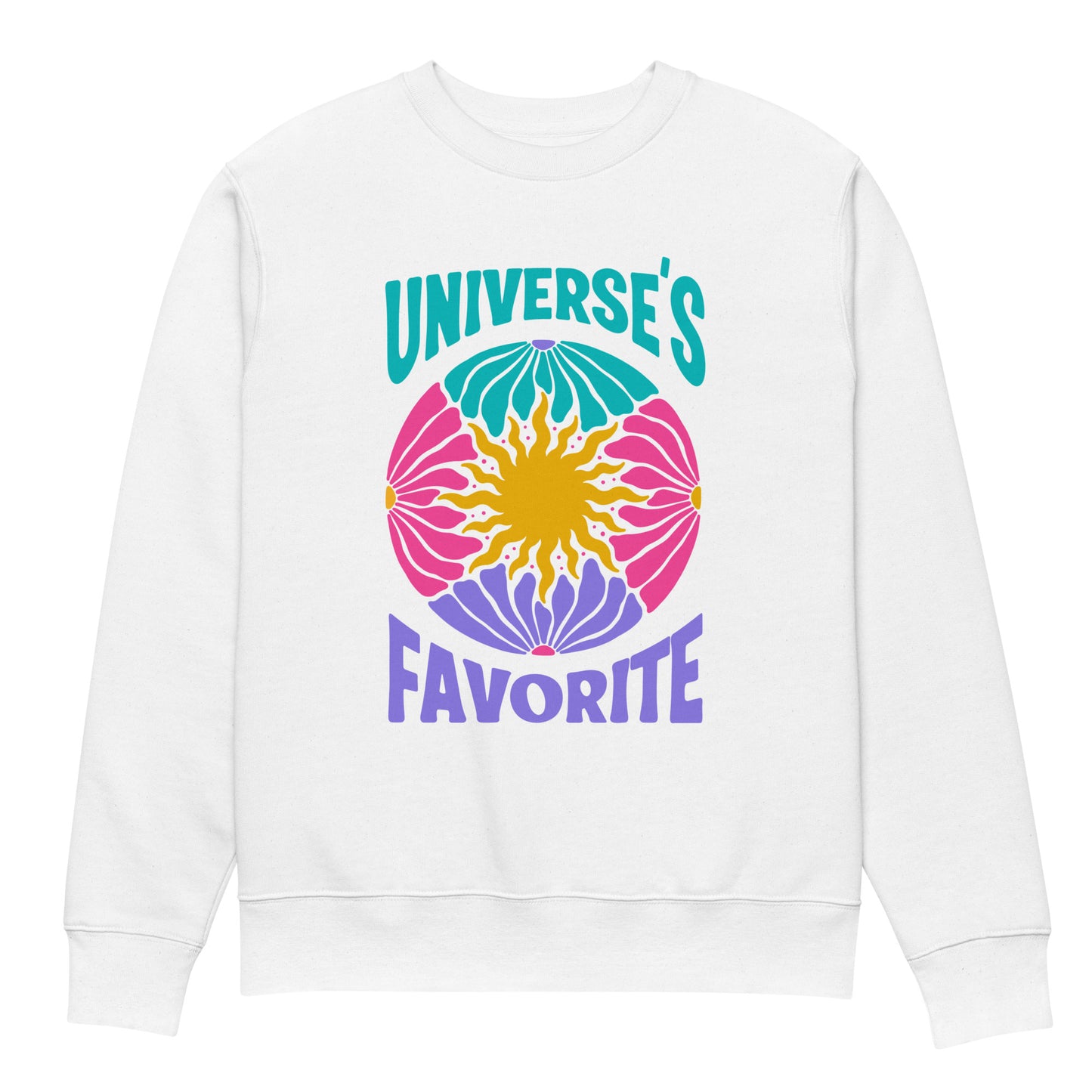 Alt text -  Let's be real—you know you’re the Universe’s Favorite, and now you’ve got the sweater to prove it. Made from 100% organic cotton, this sweater wraps you in heavyweight comfort, giving you that extra boost of cosmic confidence.
