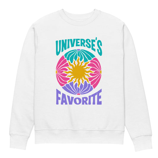 Alt text -  Let's be real—you know you’re the Universe’s Favorite, and now you’ve got the sweater to prove it. Made from 100% organic cotton, this sweater wraps you in heavyweight comfort, giving you that extra boost of cosmic confidence.
