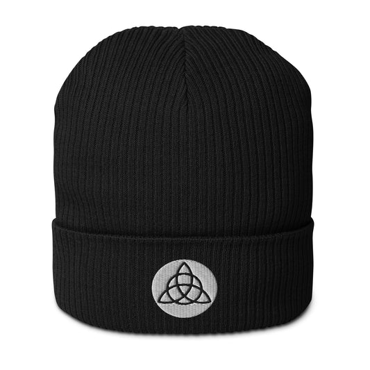 A ribbed beanie in Midnight Black hat made of organic cotton, embroidered with a Triquetra symbol, symbolizing unity, eternity, and the interconnectedness of mind, body, and spirit. This organic ribbed beanie is chic, versatile, and environmentally conscious, making it an essential addition to your hat collection. Crafted from breathable lightweight fabric, it's suitable for both indoor and outdoor wear. Made with hypoallergenic and natural materials.