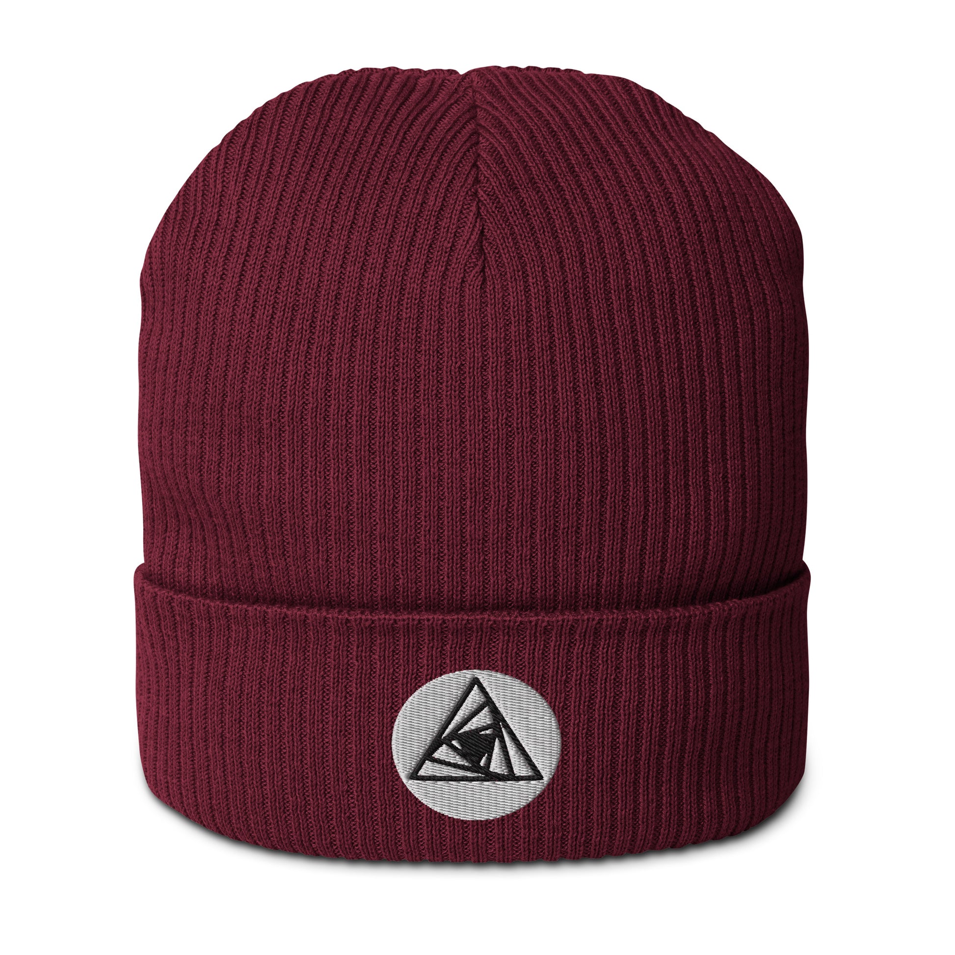 Behold, our Spiraling Equilateral Triangles Beanie in Wine Red —a garment of cosmic significance. Crafted from organic cotton and adorned with a mesmerizing Spiraling Equilateral Triangles embroidery, it's not your run-of-the-mill hat. 