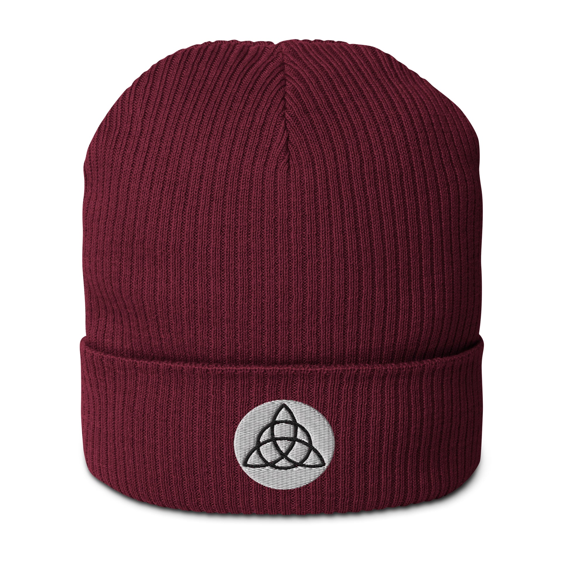 A ribbed beanie in Wine Red hat made of organic cotton, embroidered with a Triquetra symbol, symbolizing unity, eternity, and the interconnectedness of mind, body, and spirit. This organic ribbed beanie is chic, versatile, and environmentally conscious, making it an essential addition to your hat collection. Crafted from breathable lightweight fabric, it's suitable for both indoor and outdoor wear. Made with hypoallergenic and natural materials. 