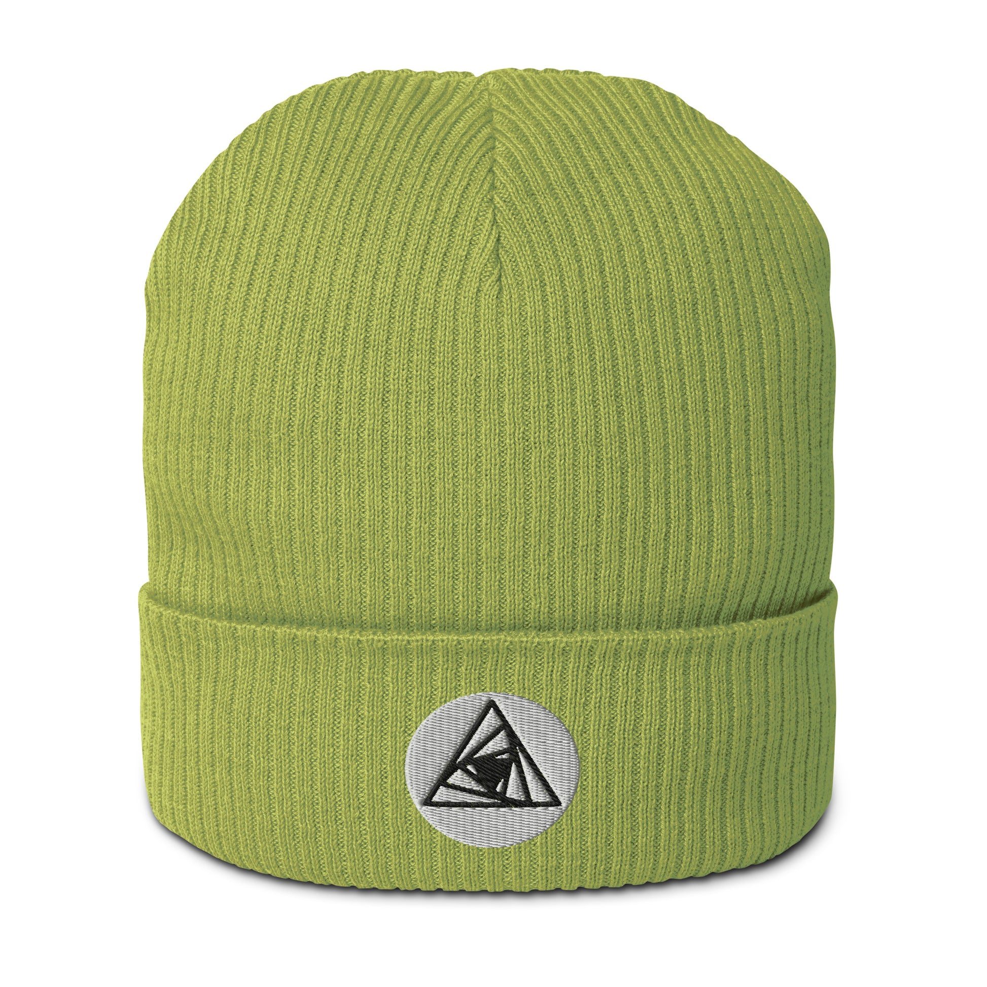 Behold, our Spiraling Equilateral Triangles Beanie in Apple Green  -  a  garment of cosmic significance. Crafted from organic cotton and adorned with a mesmerizing Spiraling Equilateral Triangles embroidery, it's not your run-of-the-mill hat. 