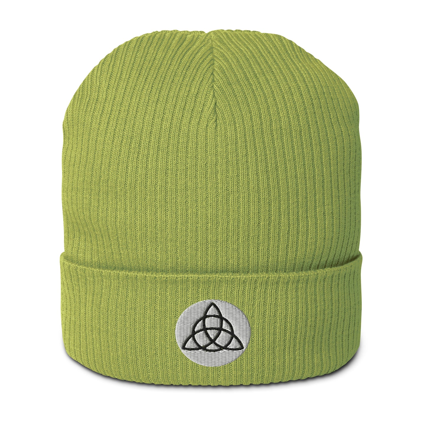 A ribbed beanie in an Apple Green hat made of organic cotton, embroidered with a Triquetra symbol, symbolizing unity, eternity, and the interconnectedness of mind, body, and spirit. This organic ribbed beanie is chic, versatile, and environmentally conscious, making it an essential addition to your hat collection. Crafted from breathable lightweight fabric, it's suitable for both indoor and outdoor wear. Made with hypoallergenic and natural materials. 