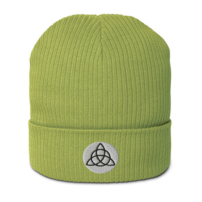 A ribbed beanie in an Apple Green hat made of organic cotton, embroidered with a Triquetra symbol, symbolizing unity, eternity, and the interconnectedness of mind, body, and spirit. This organic ribbed beanie is chic, versatile, and environmentally conscious, making it an essential addition to your hat collection. Crafted from breathable lightweight fabric, it's suitable for both indoor and outdoor wear. Made with hypoallergenic and natural materials. 