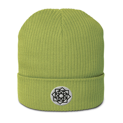 Allow me to introduce our Square Matrix Beanie in Apple Green, a testament to cosmic order and mathematical elegance. Woven from the finest organic cotton and adorned with the precise geometry of the Square Matrix symbol, this beanie transcends mere headwear.