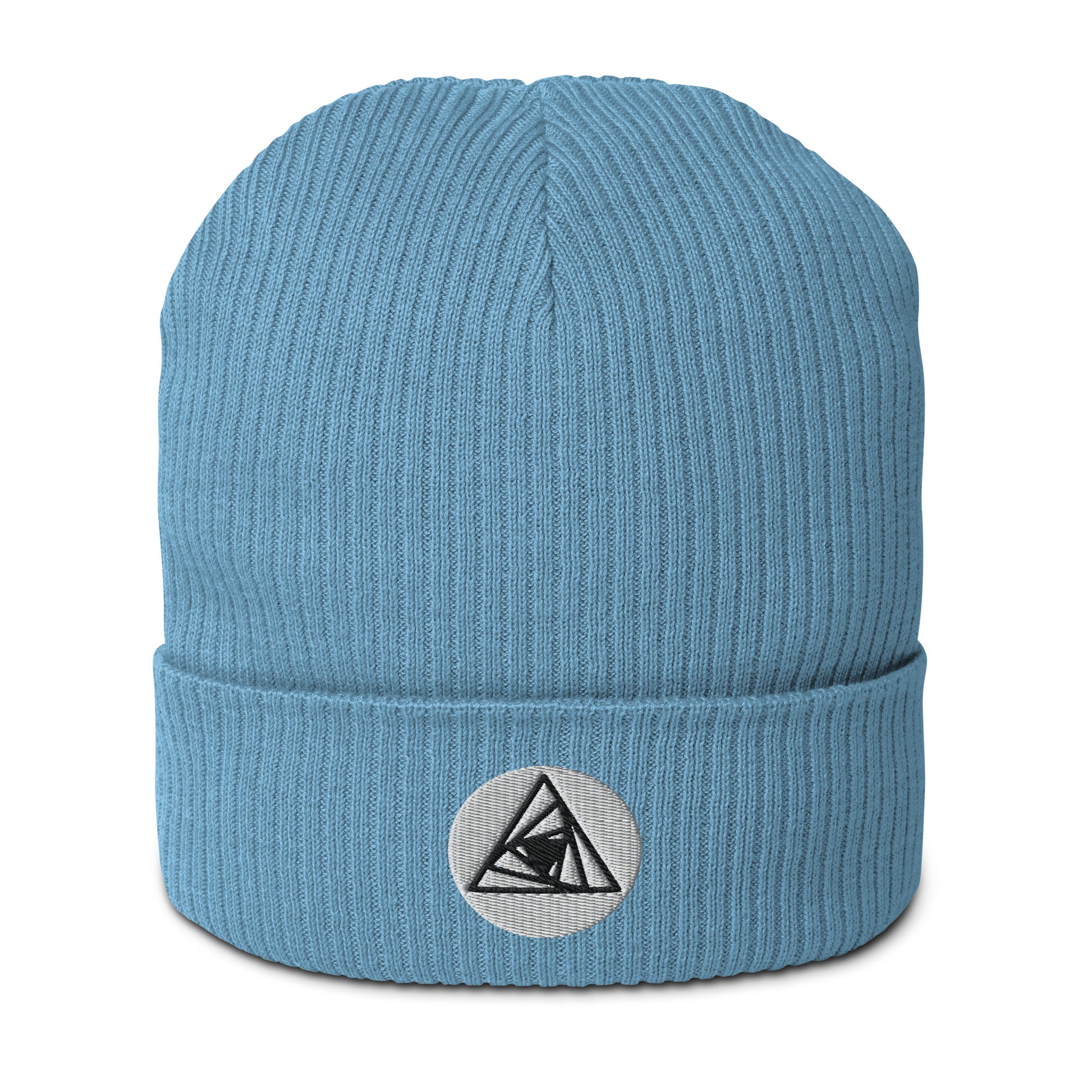 Behold, our Spiraling Equilateral Triangles Beanie in Bermuda Blue  —a garment of cosmic significance. Crafted from organic cotton and adorned with a mesmerizing Spiraling Equilateral Triangles embroidery, it's not your run-of-the-mill hat. 