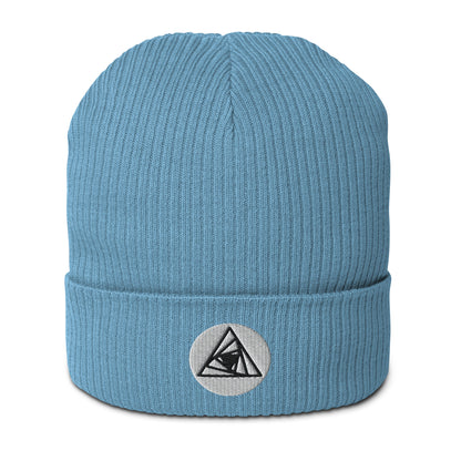 Behold, our Spiraling Equilateral Triangles Beanie in Bermuda Blue  —a garment of cosmic significance. Crafted from organic cotton and adorned with a mesmerizing Spiraling Equilateral Triangles embroidery, it's not your run-of-the-mill hat. 