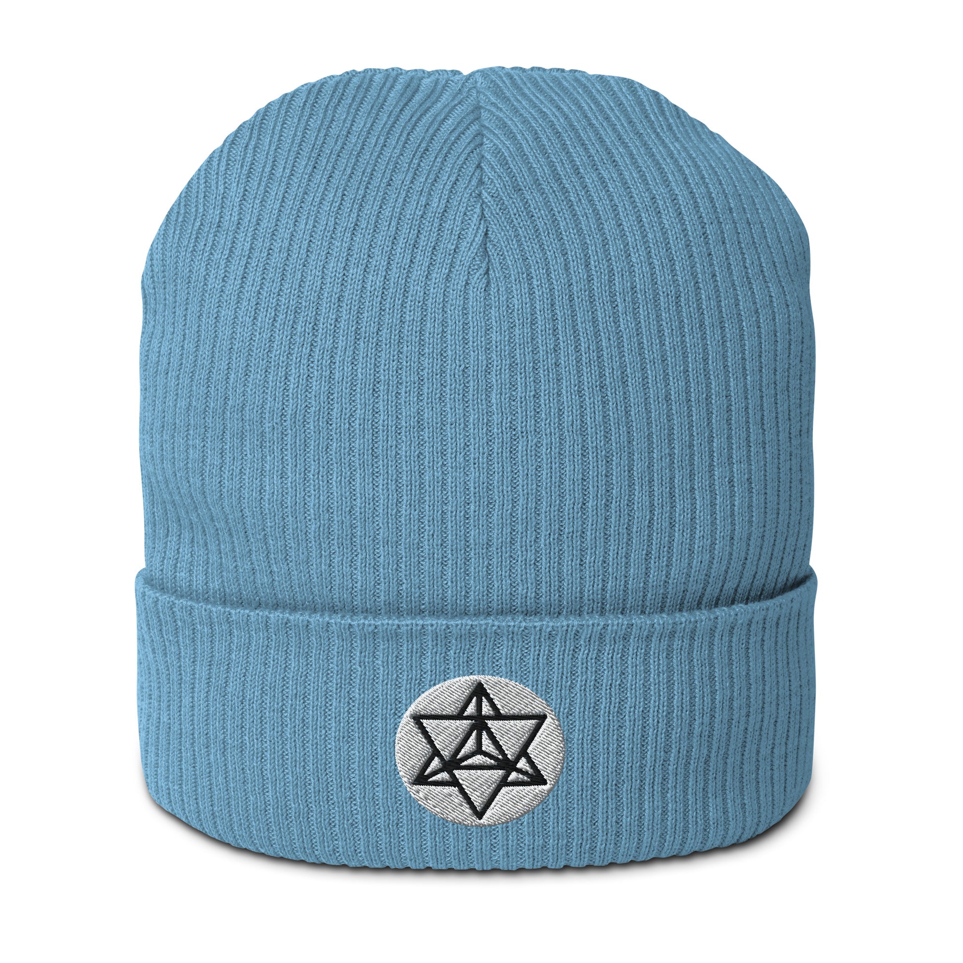 The Merkaba symbol beanie hat in Bermuda Blue, crafted from organic cotton and adorned with intricate embroidery. Symbolizing the journey of ascension and divine protection, the Merkaba represents profound spiritual transformation and unity of mind, body, and spirit. 