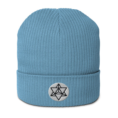 The Merkaba symbol beanie hat in Bermuda Blue, crafted from organic cotton and adorned with intricate embroidery. Symbolizing the journey of ascension and divine protection, the Merkaba represents profound spiritual transformation and unity of mind, body, and spirit. 