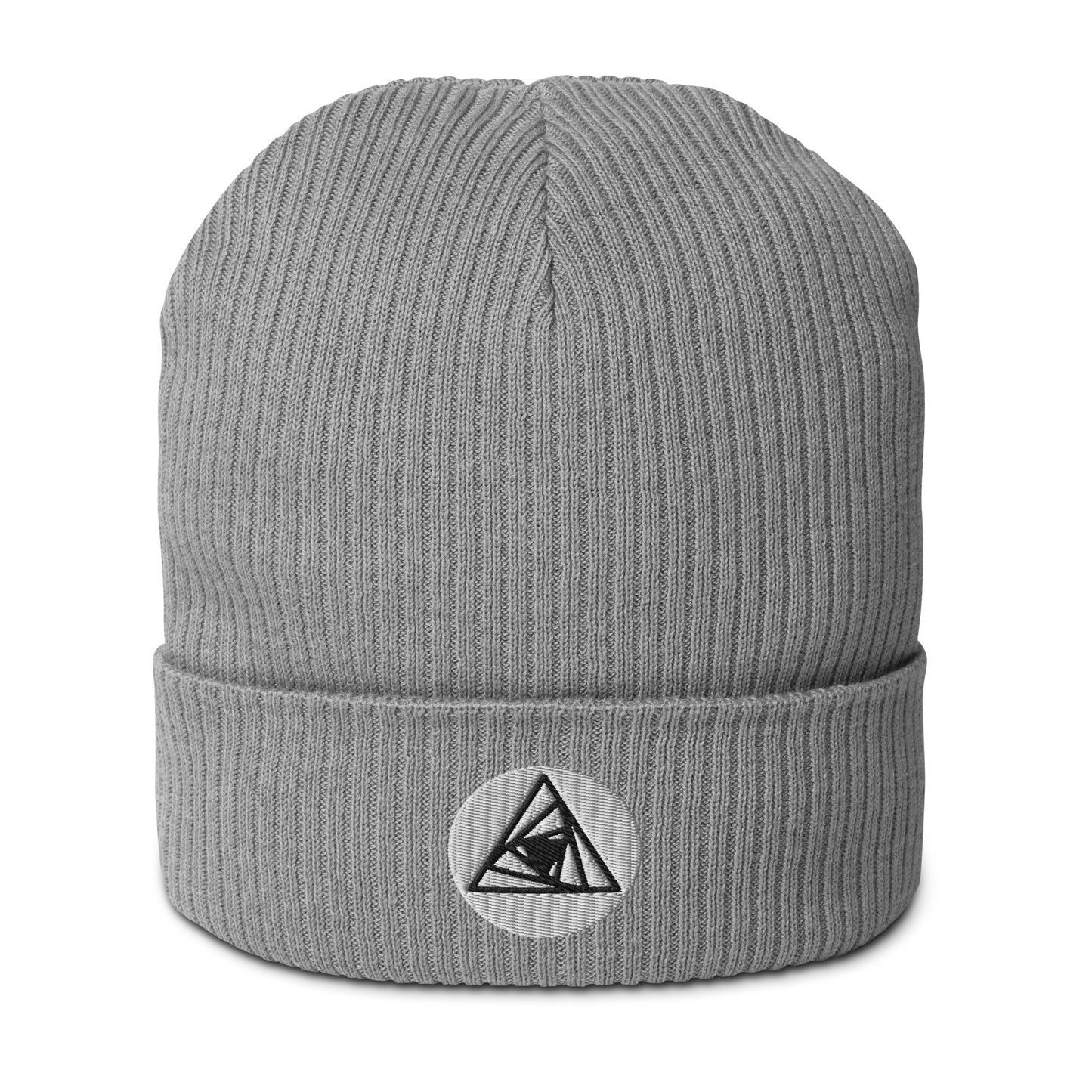 Behold, our Spiraling Equilateral Triangles Beanie in Cloudy Gray  —a garment of cosmic significance. Crafted from organic cotton and adorned with a mesmerizing Spiraling Equilateral Triangles embroidery, it's not your run-of-the-mill hat. 
