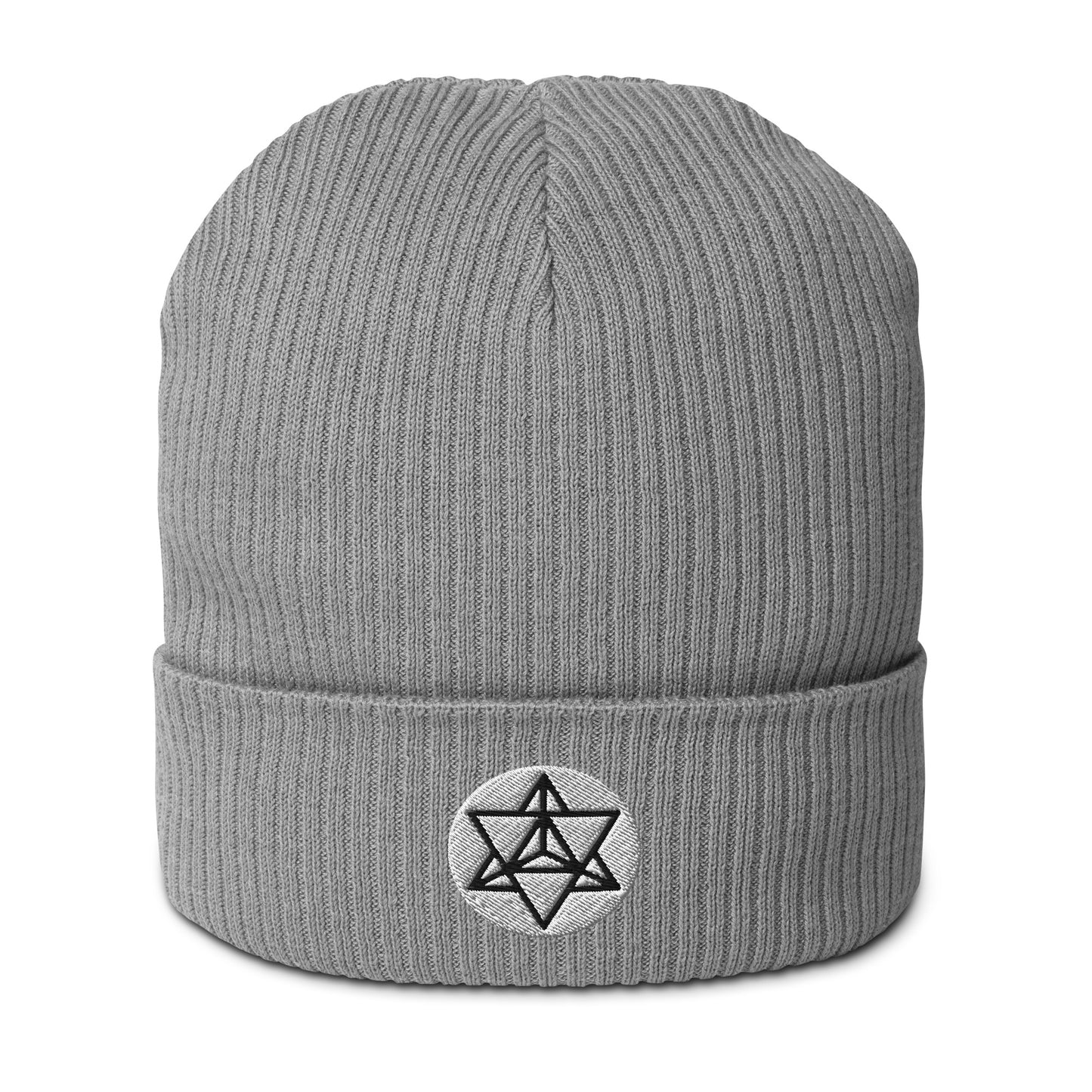 The Merkaba symbol beanie hat in Cloudy Gray, crafted from organic cotton and adorned with intricate embroidery. Symbolizing the journey of ascension and divine protection, the Merkaba represents profound spiritual transformation and unity of mind, body, and spirit.