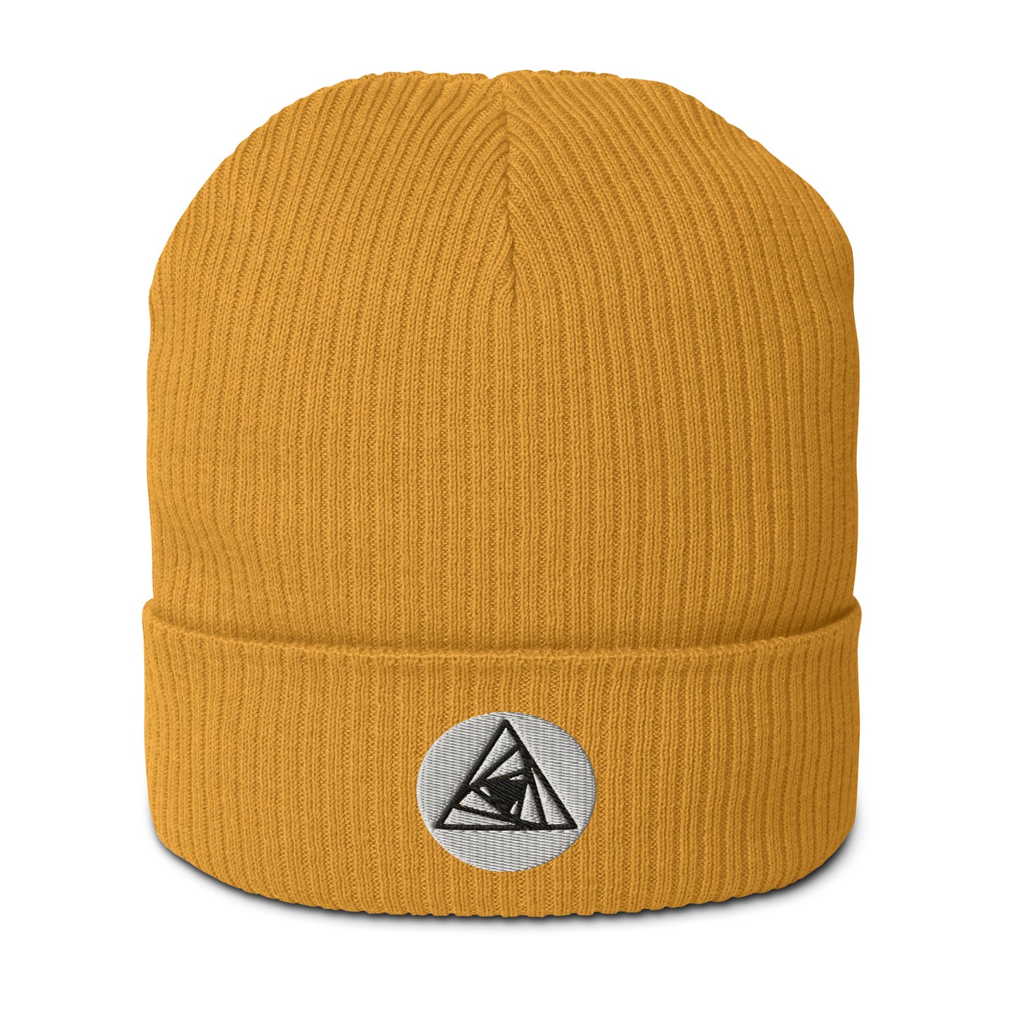Behold, our Spiraling Equilateral Triangles Beanie in Mustard Yellow  —a garment of cosmic significance. Crafted from organic cotton and adorned with a mesmerizing Spiraling Equilateral Triangles embroidery, it's not your run-of-the-mill hat. 