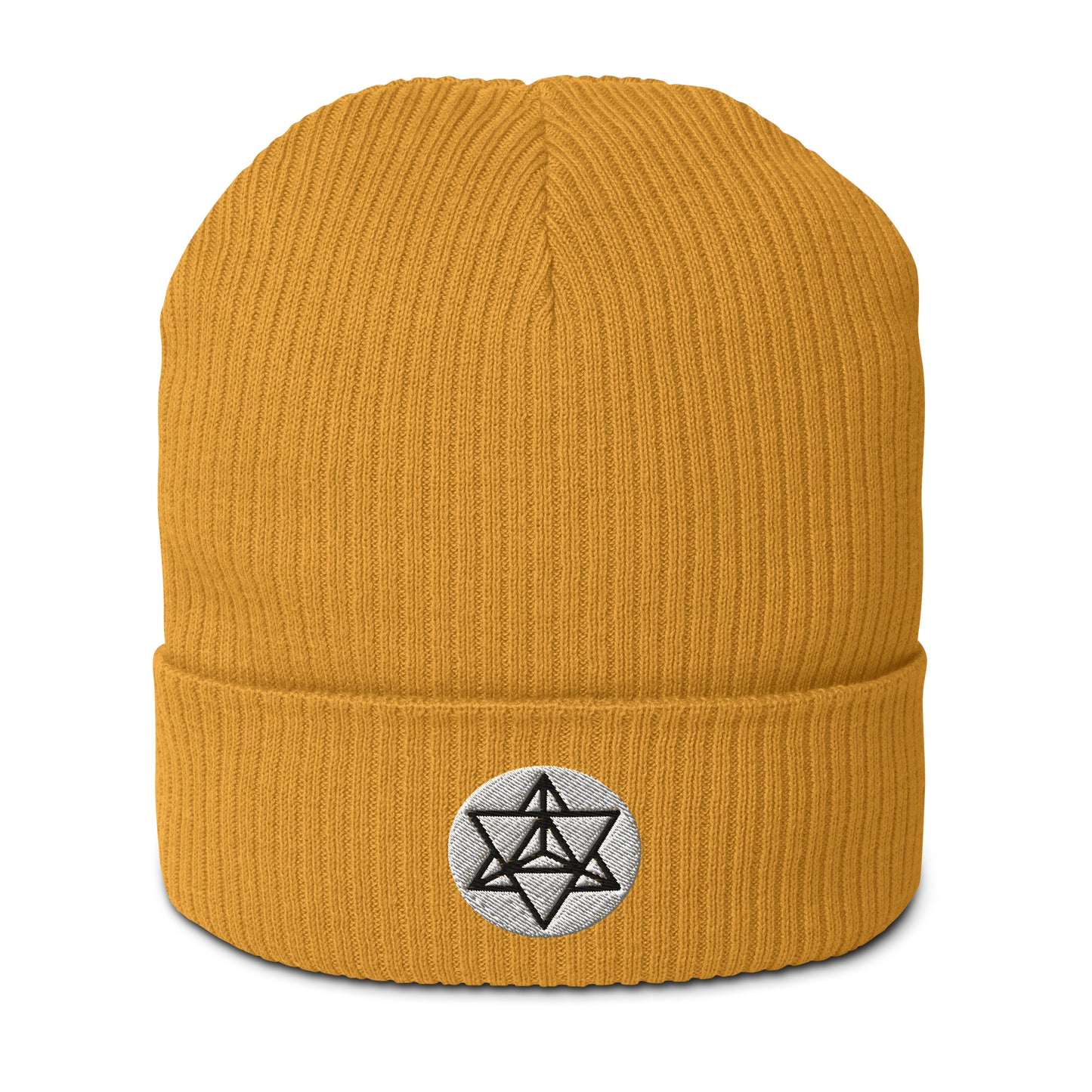 The Merkaba symbol beanie hat in Mustard Yellow, crafted from organic cotton and adorned with intricate embroidery. Symbolizing the journey of ascension and divine protection, the Merkaba represents profound spiritual transformation and unity of mind, body, and spirit. 