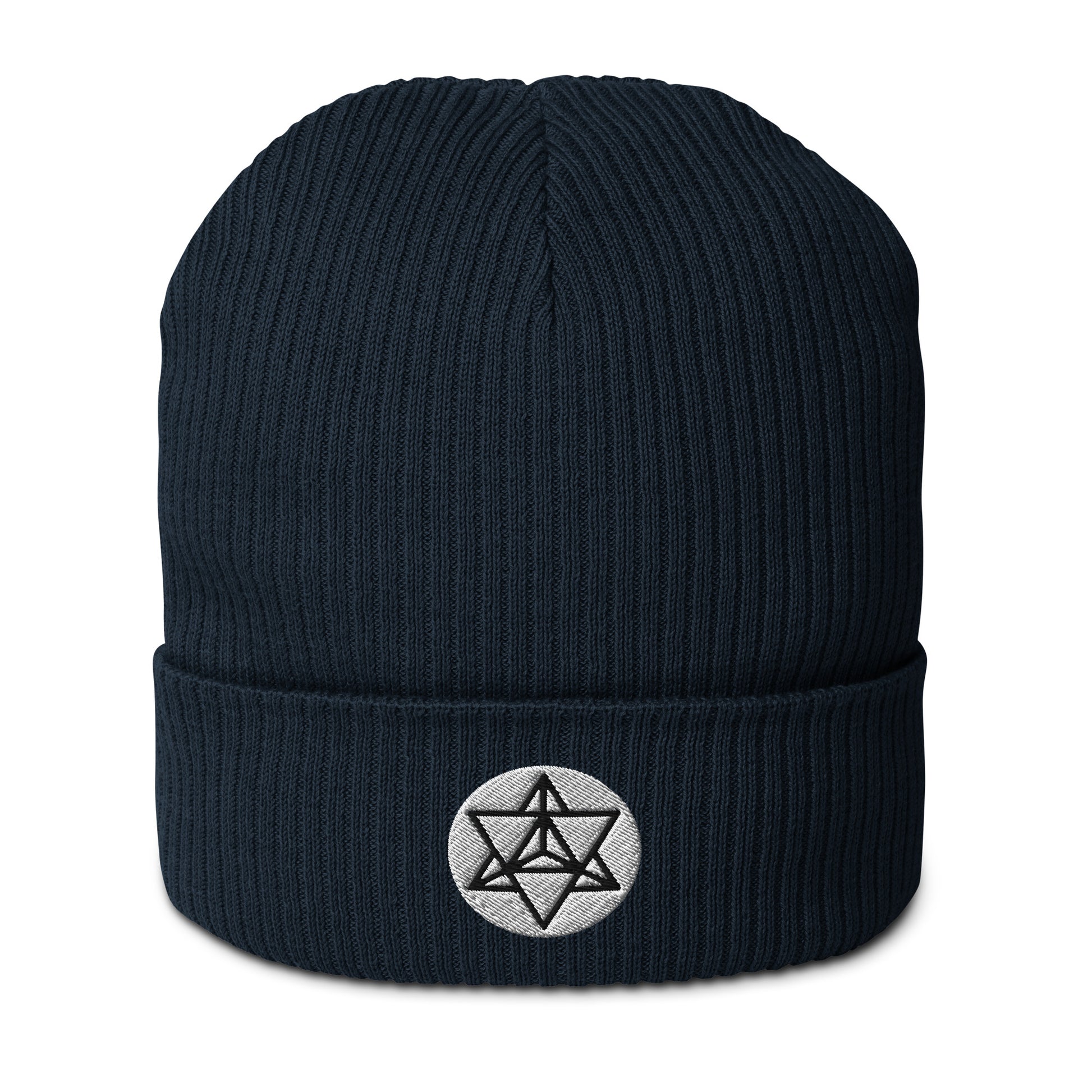 The Merkaba symbol beanie hat in Oxford Navy, crafted from organic cotton and adorned with intricate embroidery. Symbolizing the journey of ascension and divine protection, the Merkaba represents profound spiritual transformation and unity of mind, body, and spirit. 